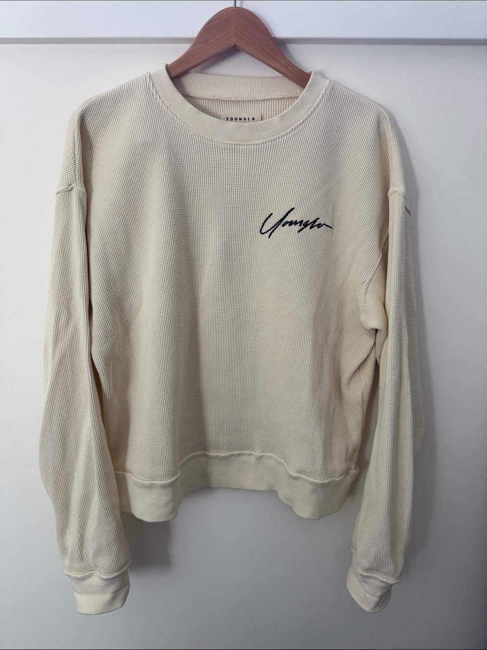 YoungLA Cream Waffle-Knit Crewneck with Black Script Logo